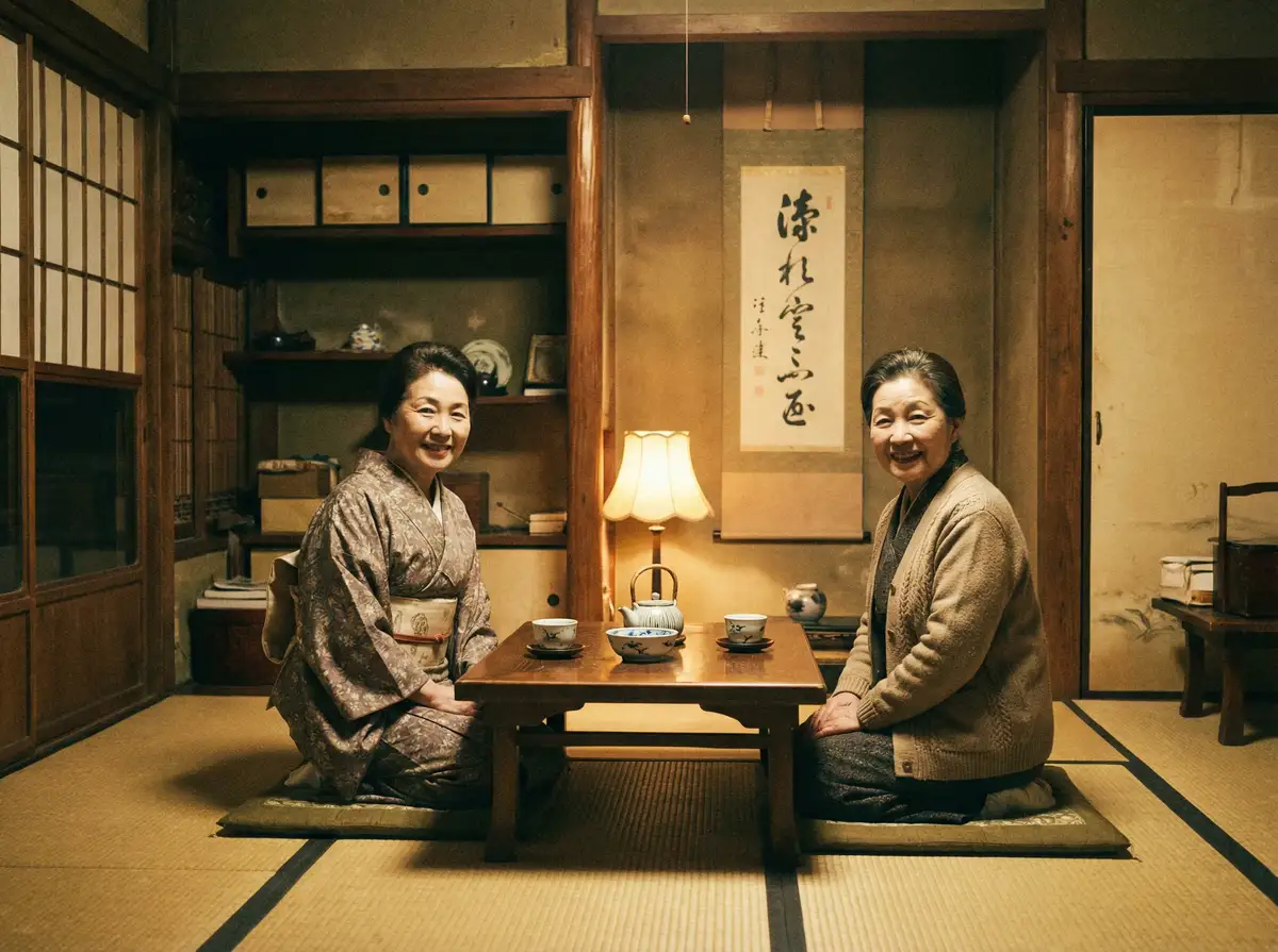 两位优雅的 头号玩家平台 在日式茶室中品茶交谈